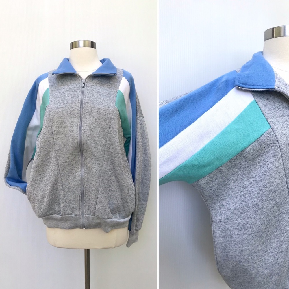 Vintage 80’s grey aqua blue zipper sweatshirt warm up jacket